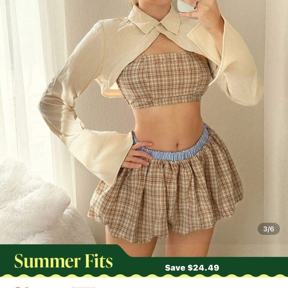 SHEIN Plaid Skirt Set in Beige and Blue brand w - Picture 9 of 11